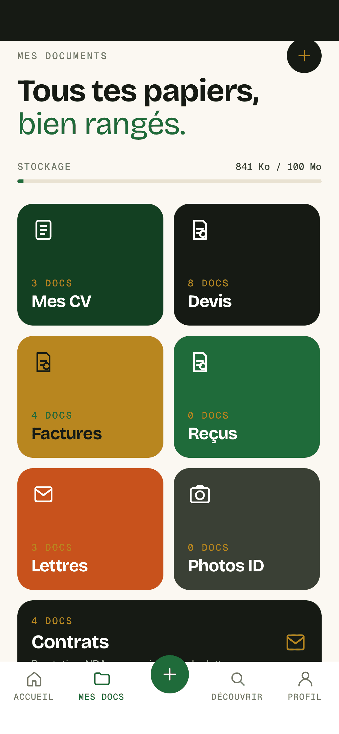 SangoBureau «My documents» screen — CVs, quotes, invoices, receipts, letters, ID photos, contracts.